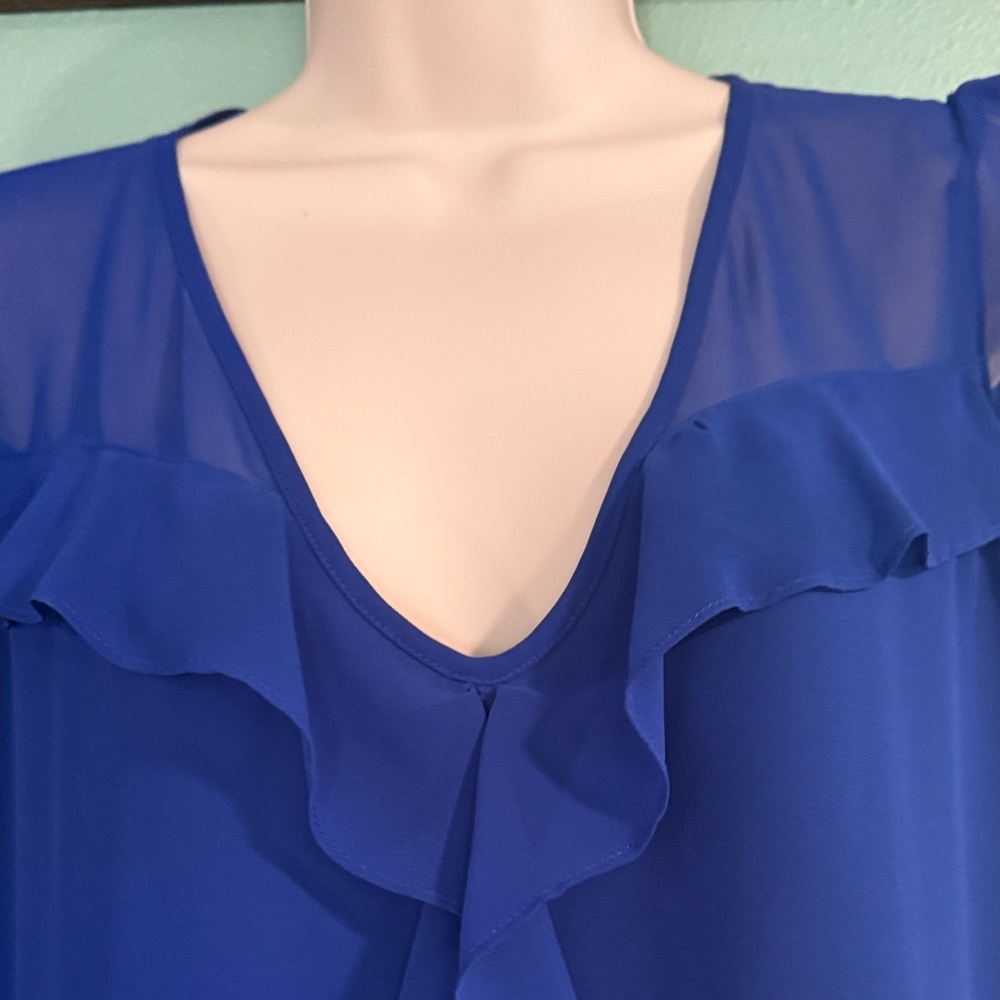 Express Royal Blue Ruffle V-Neck Blouse - Picture 2 of 5